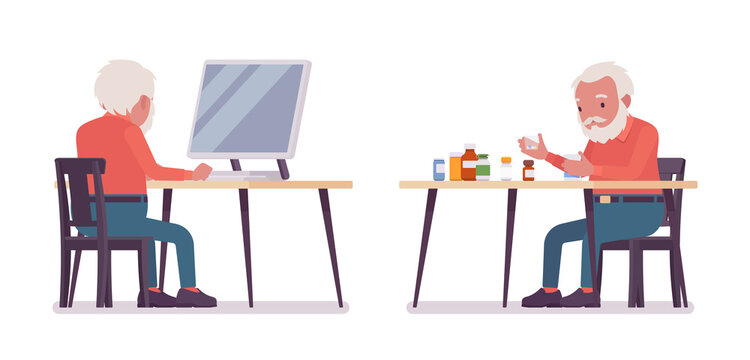 Old man, elderly person sorting medicines, pill bottles, pc working. Senior citizen over 65 years retired grandfather, aged pensioner. Vector flat style cartoon illustration isolated, white background