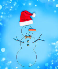 Snowman with Santa hat and bow tie on light blue background, flat lay. Bokeh effect