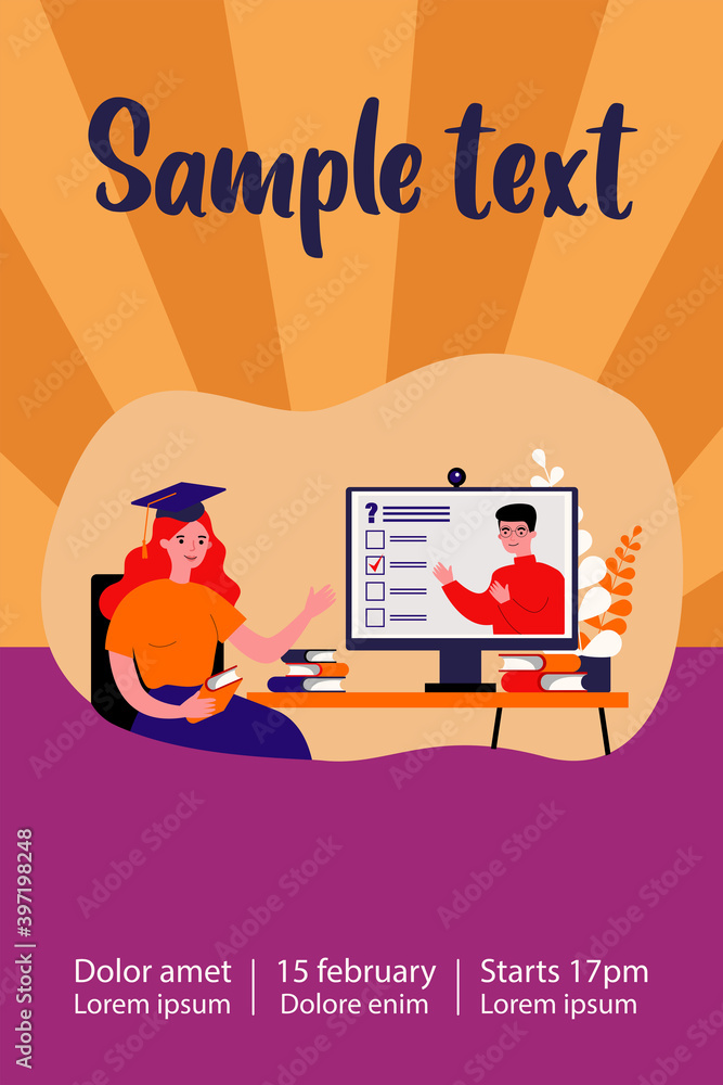 Poster college student watching online webinar, passing test, using computer, attending class. vector illus