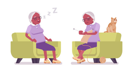 Old black woman, elderly person knitting in armchair, sleeping. Senior citizen over 65 years, retired grandmother, aged pensioner. Vector flat style cartoon illustration isolated, white background