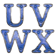 Set of uppercase letters U, V, W, X made of painted metal with blue rivets on white background. 3d