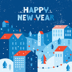 Holiday snow city in winter decorated with garlands. Urban landscape in a geometric minimal flat style. Houses on a hill among snowdrifts and trees. Happy new year banner or greeting card in vector