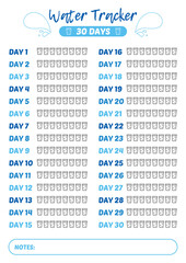 Printable A4 30 days water tracker for bullet journal or poster design. Drinking enough water, hydration challenge.