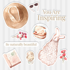 Sticker with European picnic concept design for icon and logo watercolor vector illustration.