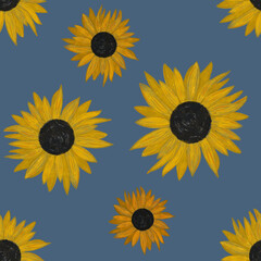Hand drawing painted sunflowers seamless pattern on blue background. Utensil, cutlery, kitchen, packaging, tableware, cloth, wallpaper, textile design