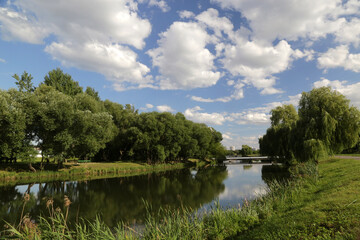Fototapeta premium Summer landscape on the banks of the Svisloch River, which flows through the city of Minsk, Belarus