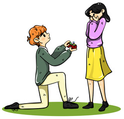 Guy makes a proposal of marriage to girl. olor flat cartoon vector illustration
