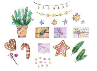 Christmas clipart with tree, gifts, stars, lights, confetti, branches, berries, gingerbread