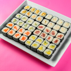 Mix of Japanese maki nori rolls in on a pink background