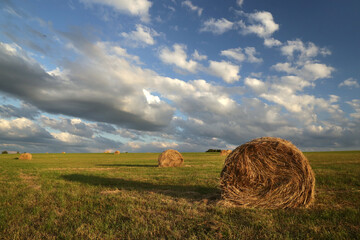 Rural landscape with field and haystacks during sunset