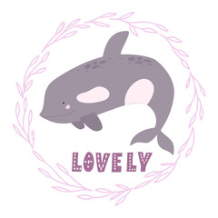 illustration of cute killer whale. lettering. illustration for baby