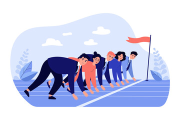 Office employees at start line of racing track. Business professionals ready to run sprint. Vector illustration for career competition, office competitors, rivalry concept - obrazy, fototapety, plakaty