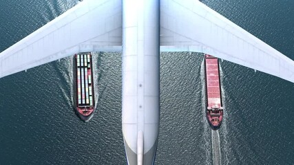 Airplane flies over Cargo ships  with containers in the sea- aerial
, Freight Shipping export and import concept, container ship and plane carries cargo across the ocean. Transportation. Delivery. Log