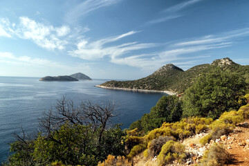 View of the bays of the Mediterranean Sea from the Lycian Way in Turkey.