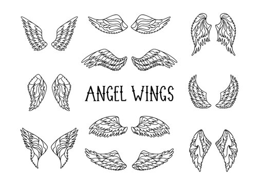 Set of angel wings in sketch style. 