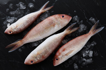 Fresh red mullet fish on black stone background, top view