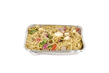 chow mein in foil tray isolated on white background with clipping path