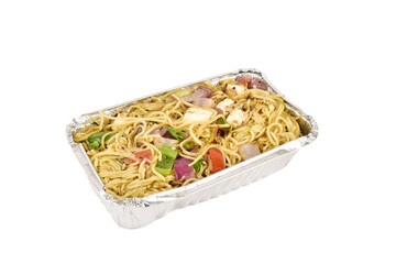 Chinese chow mein take away meal in a foil tray isolated on a white background
