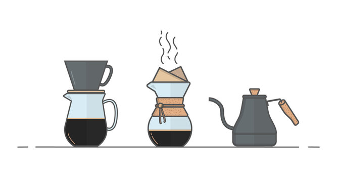 A gooseneck coffee kettle. Chemix. Set of icons of alternative coffee brewing methods for cafe menu.. Design in flat style of pour over coffee maker. Vector illustration isolated on white background.
