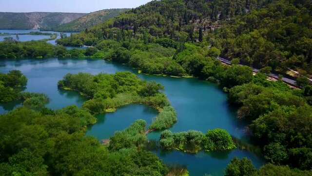 Flight over the upper lakes of Krka National Park Waterfalls 4K