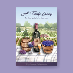 Poster template with wine farm concept design for advertise and marketing watercolor vector illustration.