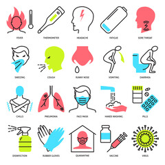 Flu and coronavirus icon set in line style