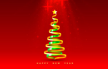 Happy new year, Christmas tree tape golden design banner, art decoration. Vector