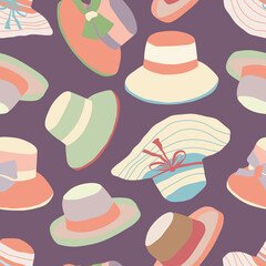 Mix of vintages style posh hat seamless vector pattern background. Midcentury retro color style design backdrop with different types of hand drawn women hats. All over print for summer party concept