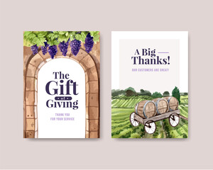 Thank you card template with wine farm concept design for greeting and anniversary watercolor vector illustration.