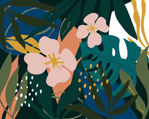 Artistic seamless pattern with abstract leaves and flowers, tropical plants. Modern vector design for paper, cover, fabric, interior decor and other users. Seamless. Vector pattern.