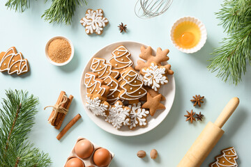 Christmas gingerbread cookies on blue. Merry Christmas and Happy New Year baking background. Flat...
