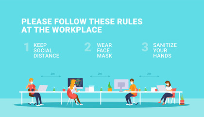 Safety rules at workspace during pandemic covid-19. New normal office concept. 