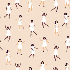 Seamless pattern with beautiful dancing woman. Vector illustration in a flat style