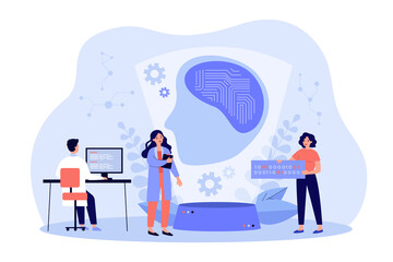 Scientists creating artificial intelligence, writing codes, programming machine learning. Vector illustration for data science, computer technology, ai concept