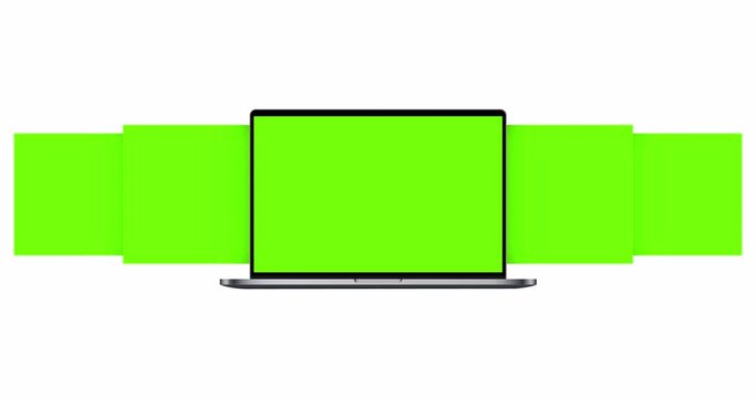 Laptop Computer With Blank Green Sliding App Screens Isolated on White Background. Animation for Showcasing Web-Site Design of More Projects