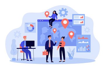 Team of professionals doing global business research. Business people near world map with pointers. Vector illustration for international development, company extension, marketing concept