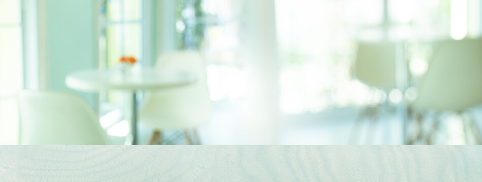 Top Of Wood Table In Blue White Interior Room With Light From The Window Architecture Banner Background