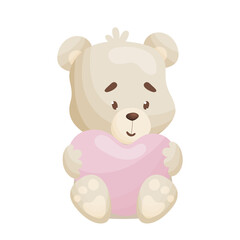 Cute cartoon Teddy bear with big heart for Valentines day. Vector illustration