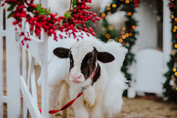 A small bull with red leash stands against the background of a Christmas house