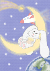 cute rabbit on the moon in space catches falling stars
