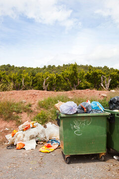 Overflowing bins next to Orange Orchard, Valencia region, Spain