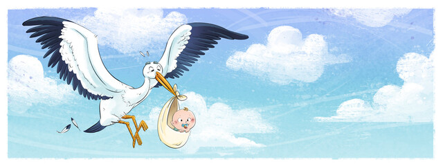 Stork flying through the sky with newborn