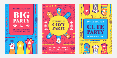 Creative invitation designs with soft cat paws. Bright cozy meow party invitations with text. Domestic animals and pets concept. Template for leaflet, banner or flyer