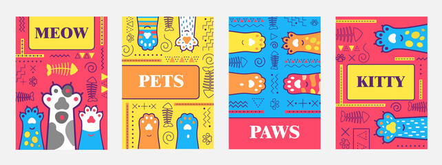 Colorful posters design with kitty paws. Vivid bright brochures for advertisement with fish skeletons and paws. Domestic animals and pets concept. Template for promotional leaflet or flyer