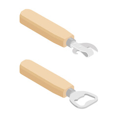 Classic shape beer bottle and can openers isolated on white background.