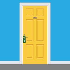 Hotel room yellow closed doors with frame. Please make up room sign.