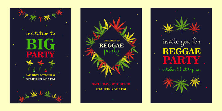 Creative reggae party invitation designs with natural ganja. Trendy big holiday invitations with text. Celebration and legal drug concept. Template for leaflet, banner or flyer