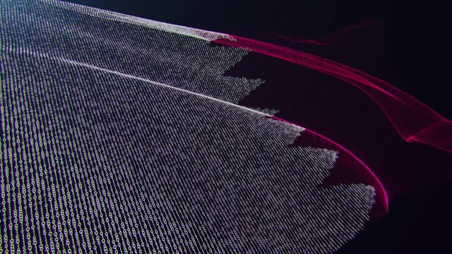 3d render. Katar digital flag with binary code texture flies in the wind. Seamless loop.