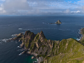 Aerial panoramic view of the northwestern coast of Andøya island, Vesterålen, Norway with rugged...