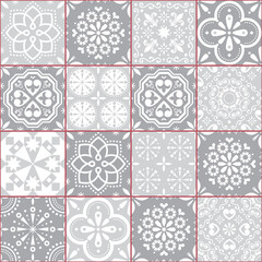 Portuguese Azulejo tile seamless vector pattern, Lisbon geometric and floral gray retro tiles design collection